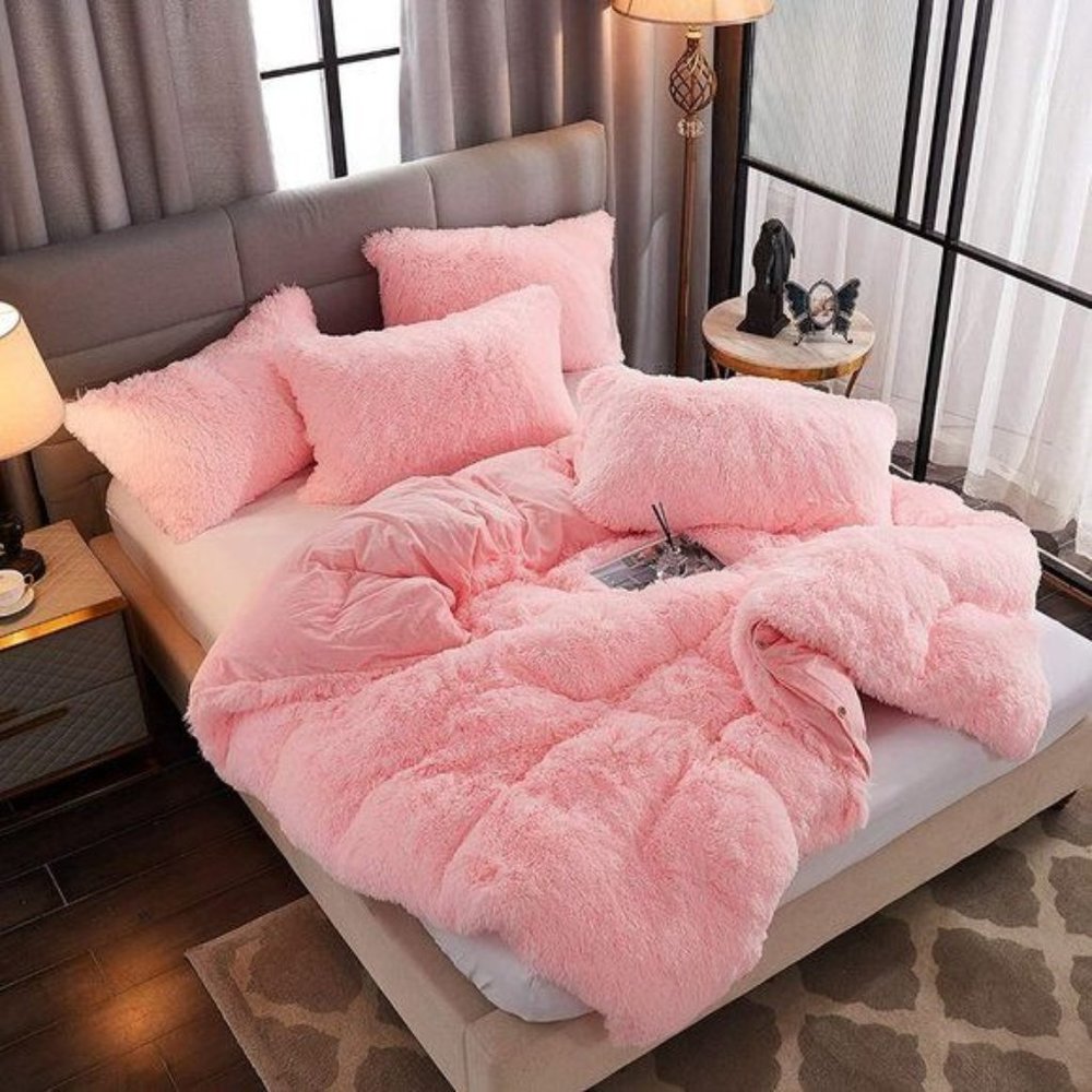 Shaggy Fluffy Faux Fur Duvet Cover Set Button Closure Velvety Bedding Set